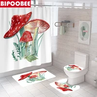 Red Mushroom Print Shower Curtain Waterproof Fabric Bathroom Curtains White Bath Mat Toilet Cover Lid Non-slip Carpet Home Decor
