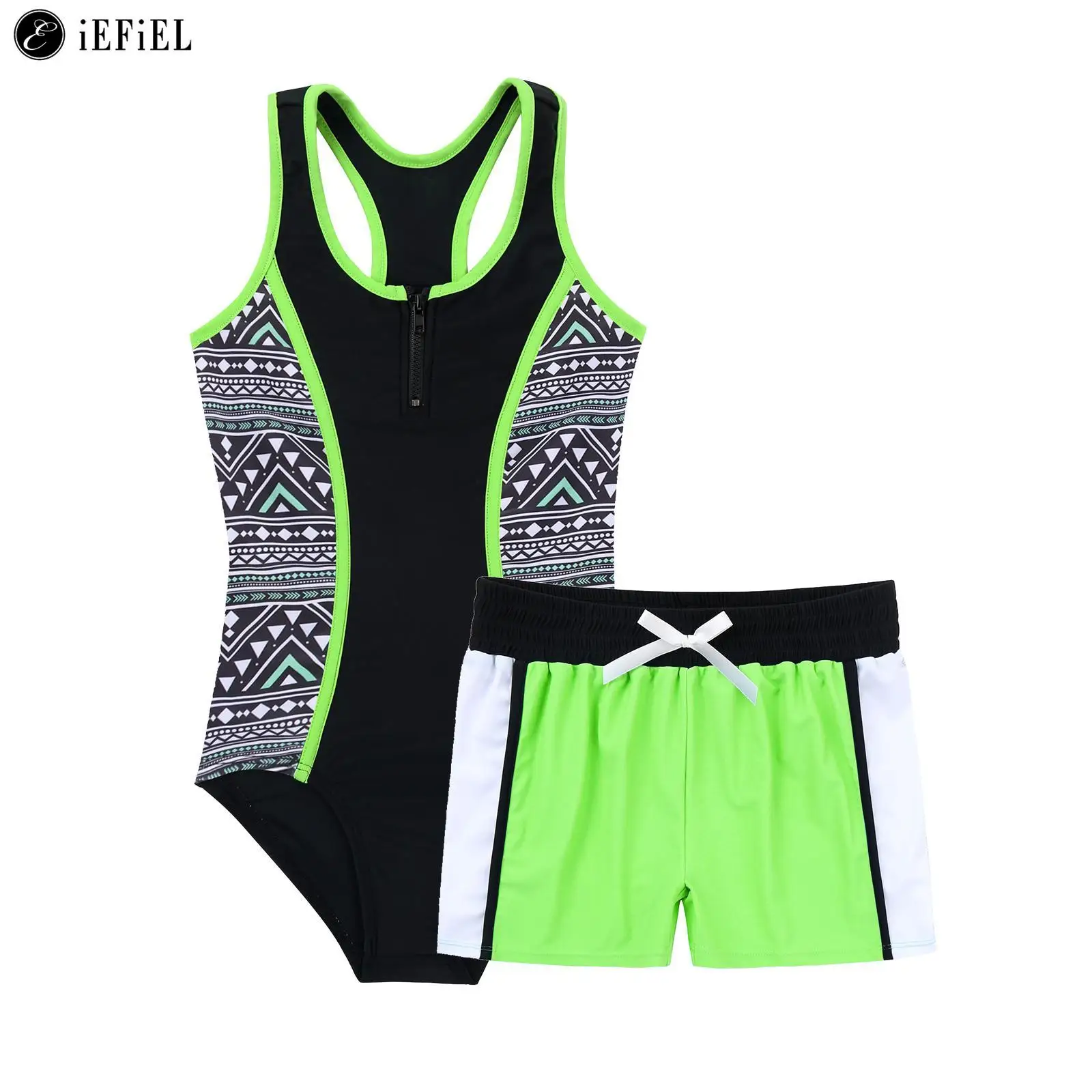 

Kids Girls Two Piece Swimsuit Bathing Suit Sleeveless Racer Back Bodysuit with Booty Short for Summer Beach Holiday Water Sport