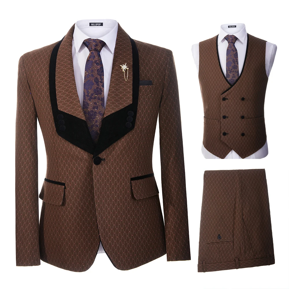 

2023 Men Suit 3 Pieces Brown Plaid Patten Red Dots Groomsmen Shawl Lapel Formal Slim Fit Business Tuxedo Wedding Coat Vest Pants