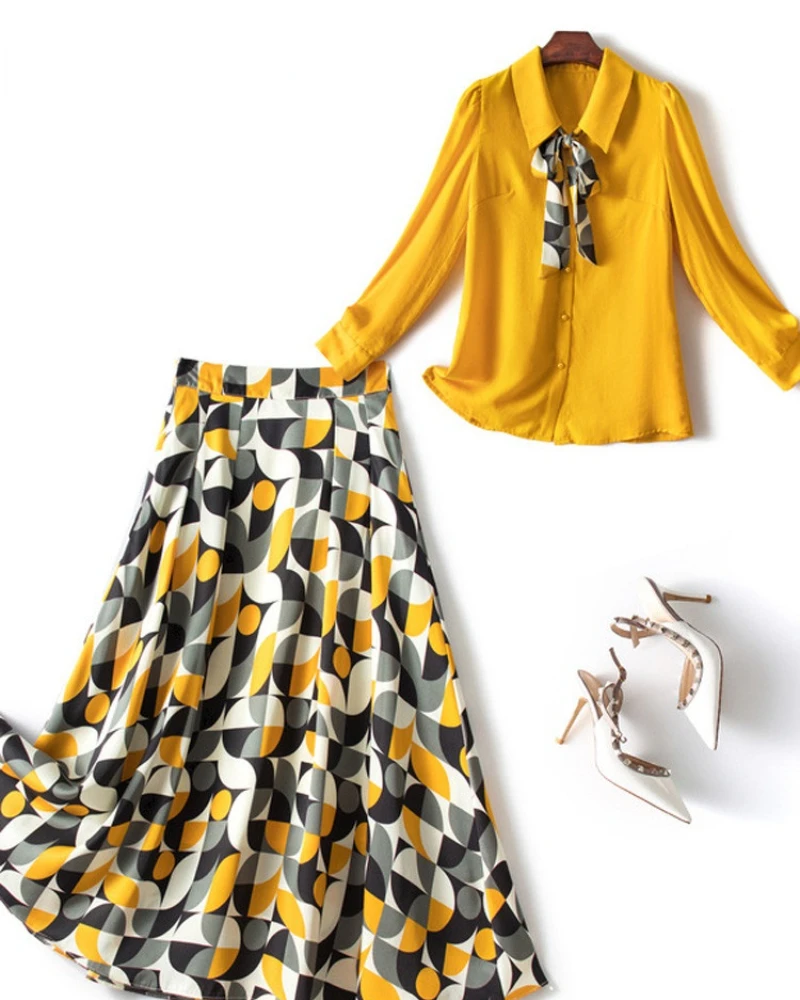 

Womens Outfits Elegant Lady Casual Office Dress Suit Twinset Fashion Designer Geometric Print Skirt and Top Set Two Piece