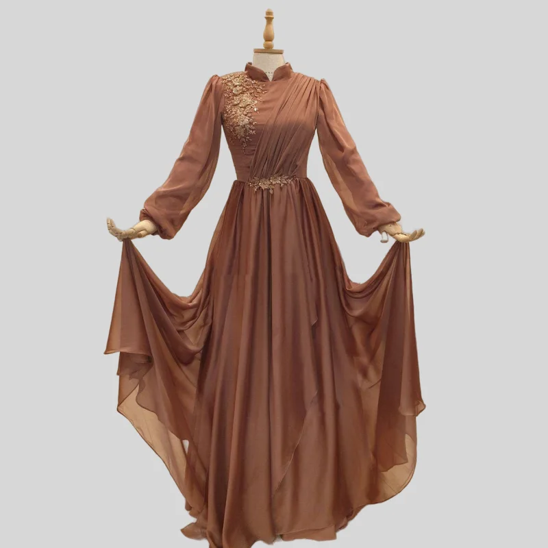 

Brown Moroccan Kaftan Muslim Evening Dresses A-line Long Sleeves Chiffon Appliques Beaded Dubai Arabic Turkey Abaya Islamic Gown