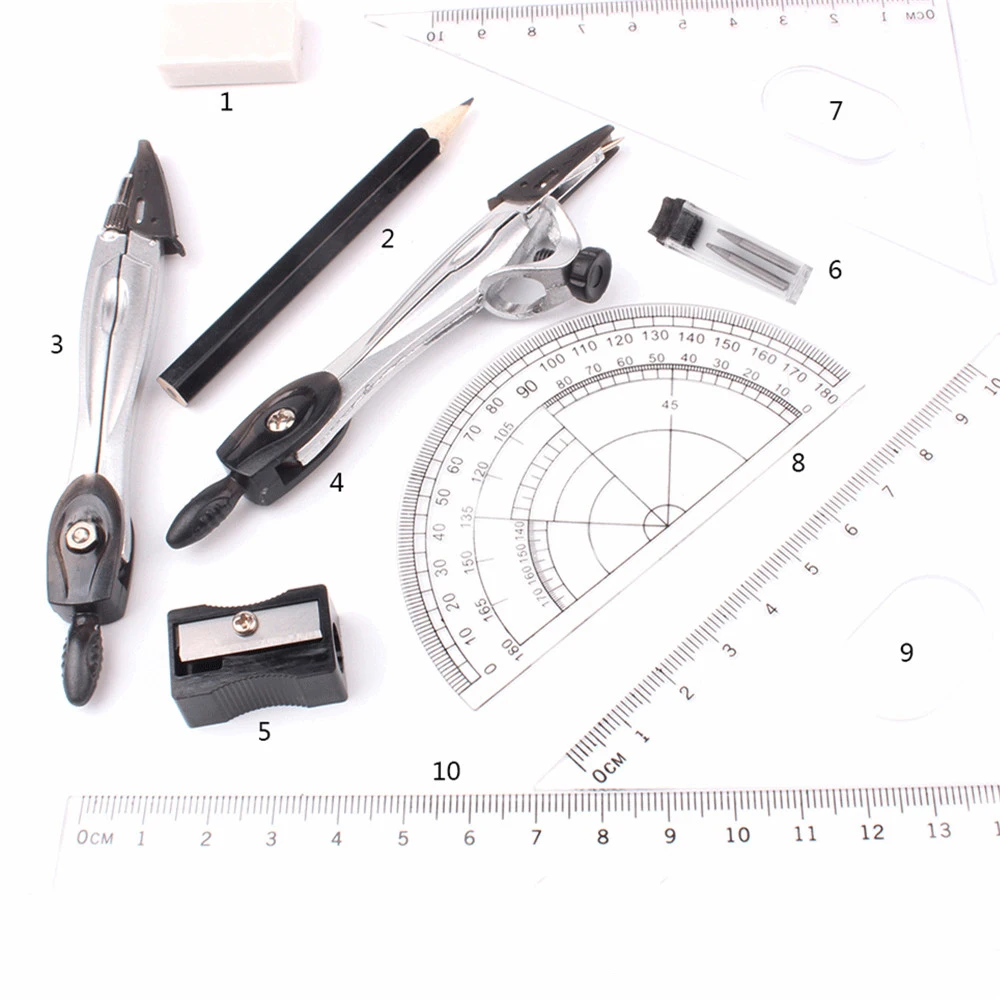 10pcs/set Metal Drawing Compasses Geometry Protractor Ruler EraserSet School Stationery Drafting Tools Office | Канцтовары для