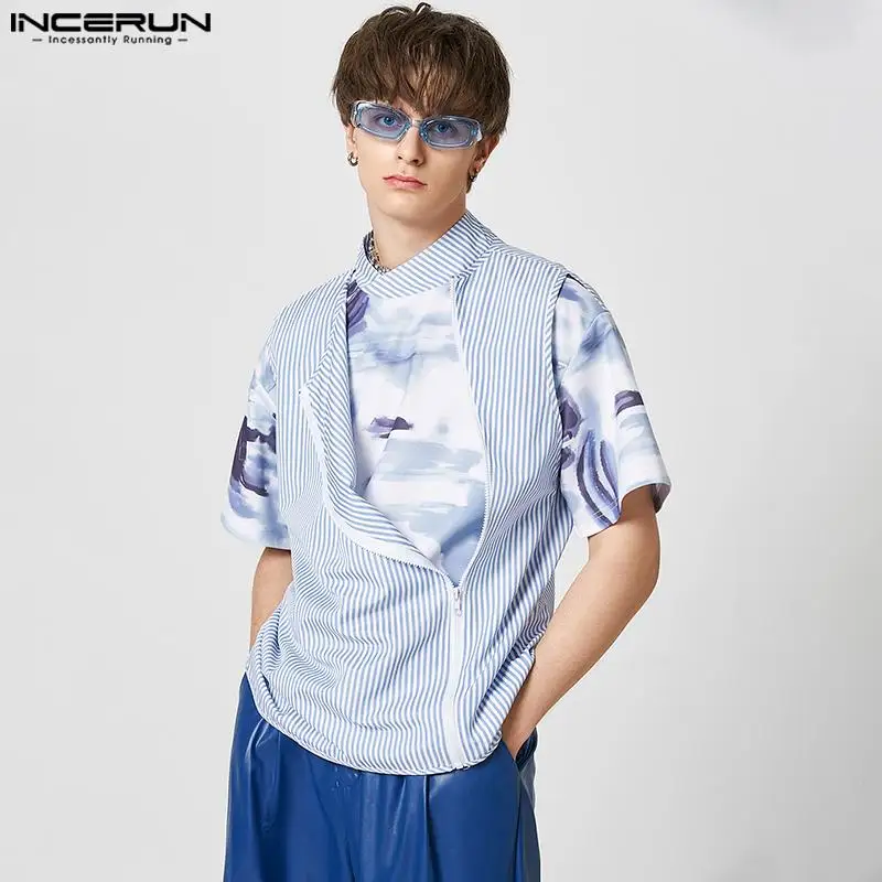 

Топы INCERUN 2023, красивые мужские стильные рубашки с принтом в виде пейзажа, Лоскутная полосатая Мужская блузка с коротким рукавом и планкой на молнии