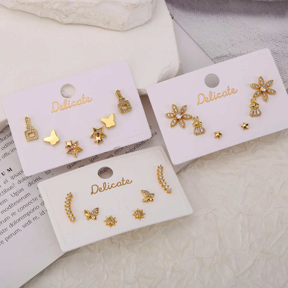 3 пары/комплект женские серьги-гвоздики с фианитами