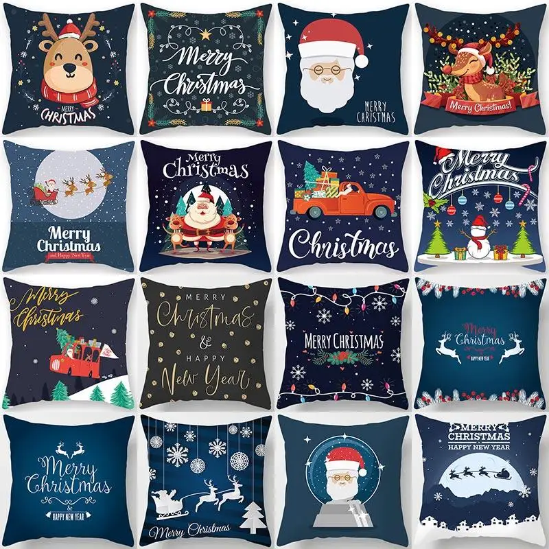 

Blue Christmas Tree Deer Santa Pattern Polyester Cushion Cover Merry Christmas Pillowcase Tree Reindeer Stars Pillowcase Section