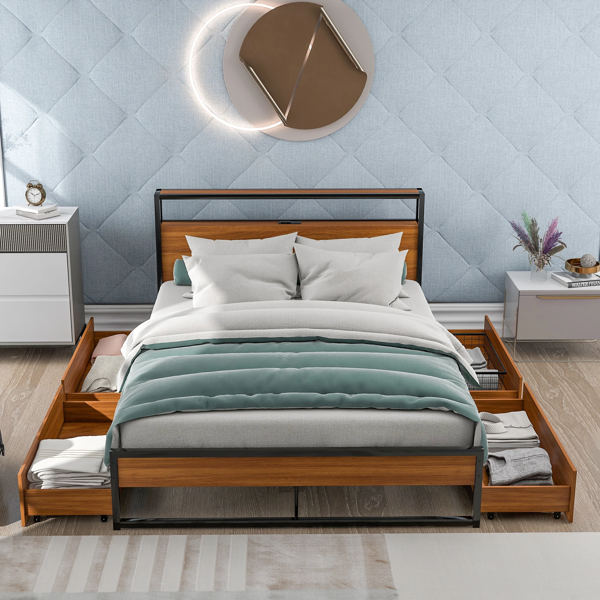 With Four Drawers Sockets And Usb Ports ,slat Support No Box Spring Needed Bedroom Furniture