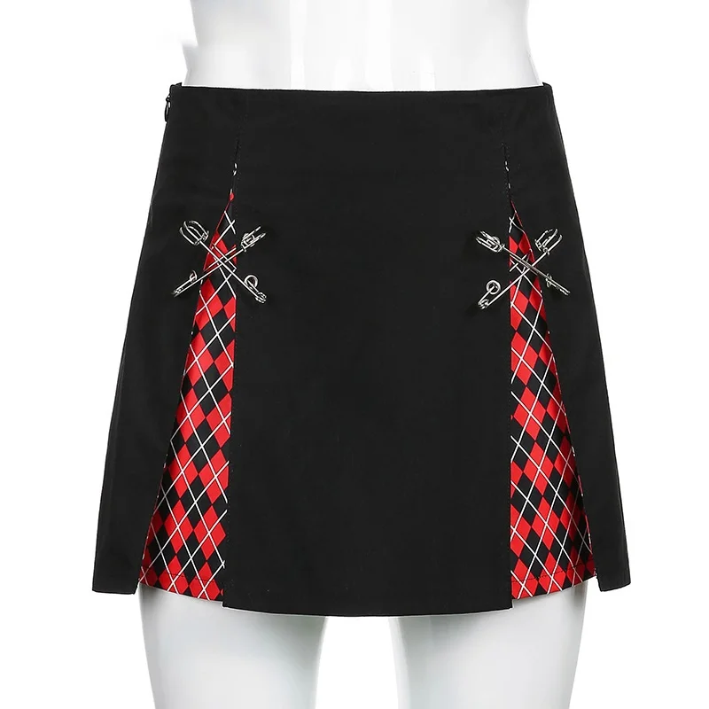 

Goth Dark Plaid Print A-Line Gothic Skirts Mall Goth Y2k Black High Waist EGirl Sexy Mini Skirt Women Pin Patchwork Emo Clubwear