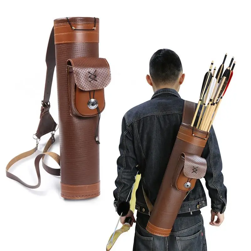 Traditional Genuine Leather Back-mounted Quiver Bow Arrow Holder Backpack Bucket Organizer With Large Pouch Handmade Straps Belt