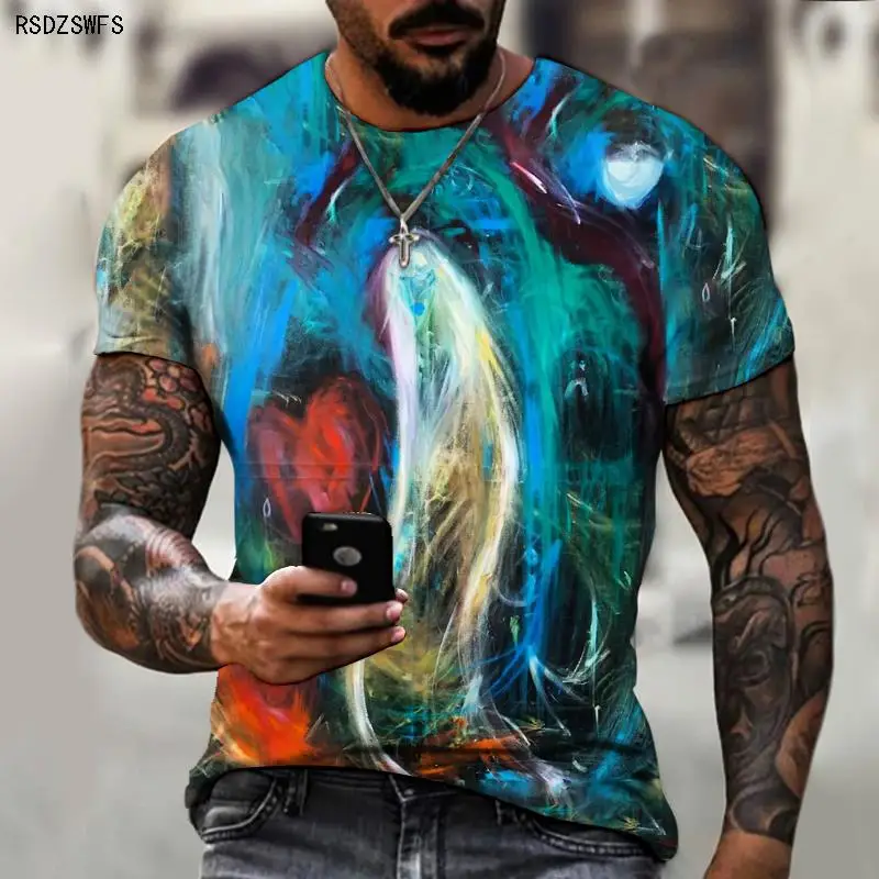 

Окрашенная, красочная, креативная 3d Художественная печать, Мужская футболка большого размера, лето, улица, короткий рукав, крутая, дышащая, и...