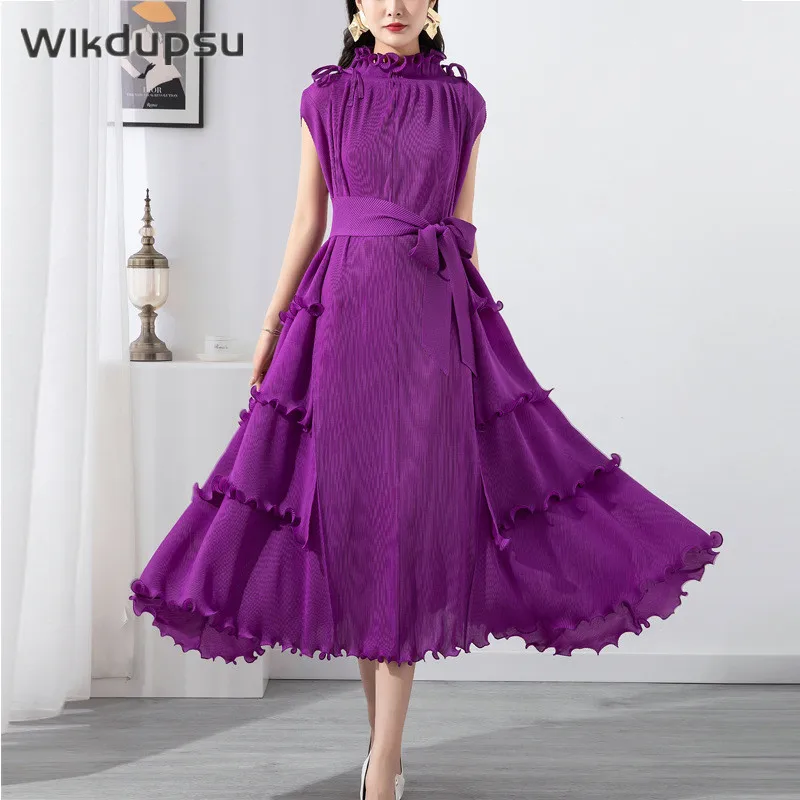 Elegant Women Pleated Solid Dress Sleeveless Casual Loose Fold Dresses Spring Summer High Waist Ruffle Long Maxi Vestidos Female