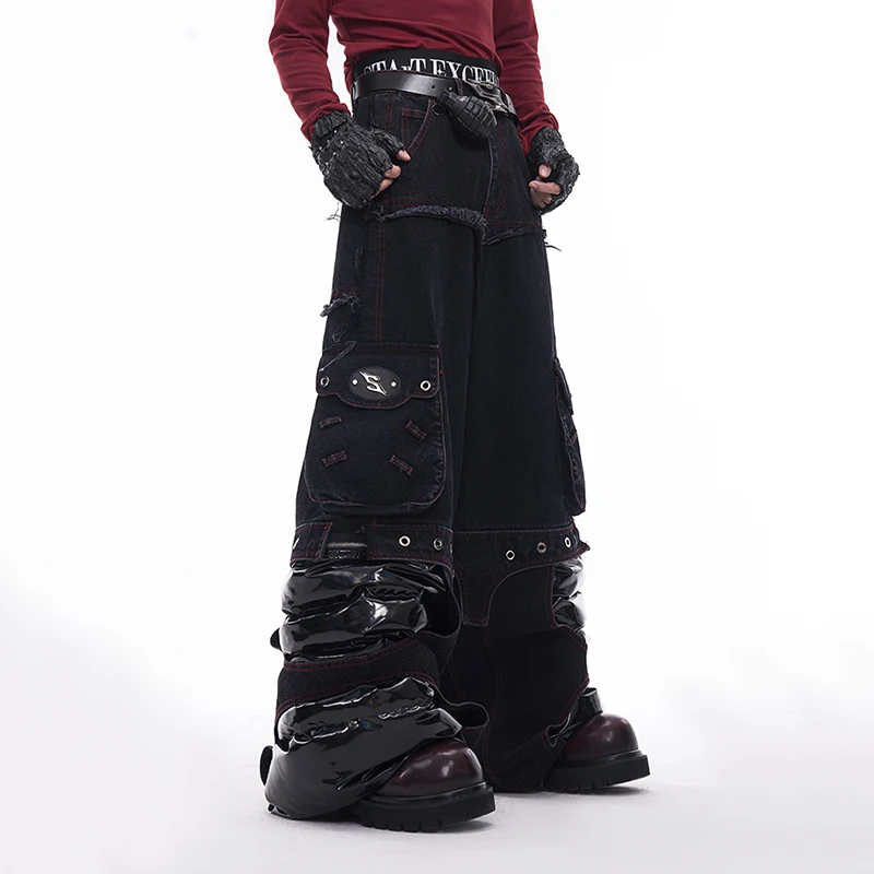 FEWQ брюки из искусственной кожи мужские джинсы осень-зима прямые 2024 темная одежда