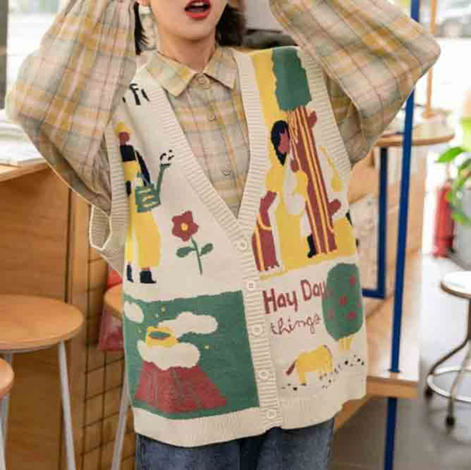 

Women Sleeveless Jumpers Retro Knitted Cartoon Cardigan V-neck Sweaters Vest