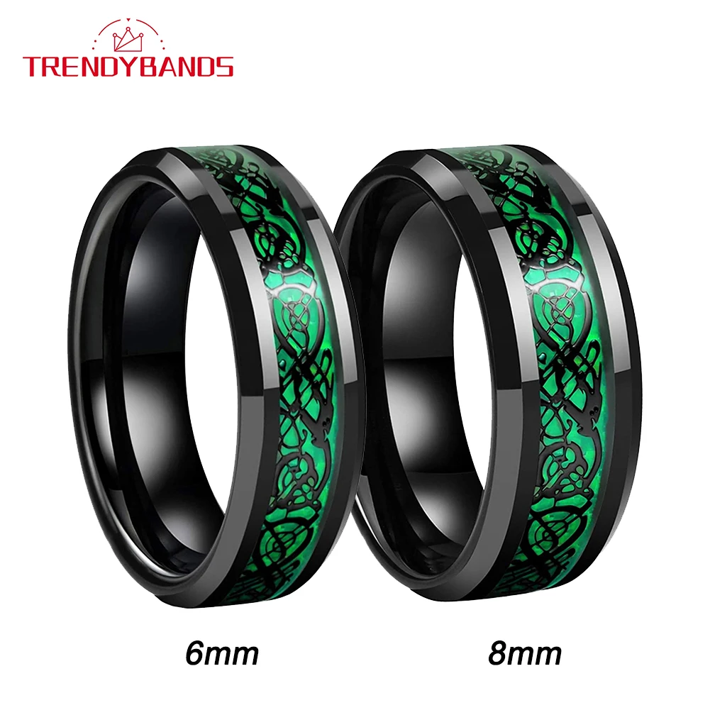 6mm 8mm Men Women Wedding Band Rings Tungsten Black Ring with Green Opal and Black Dragon Inlay Comfort Fit