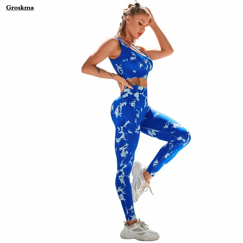 

Tie-Dye Women Yoga Seamless Two Piece Set Running Sportswear High Waist Leggings Fitness Gym Clothing Ensemble Femme