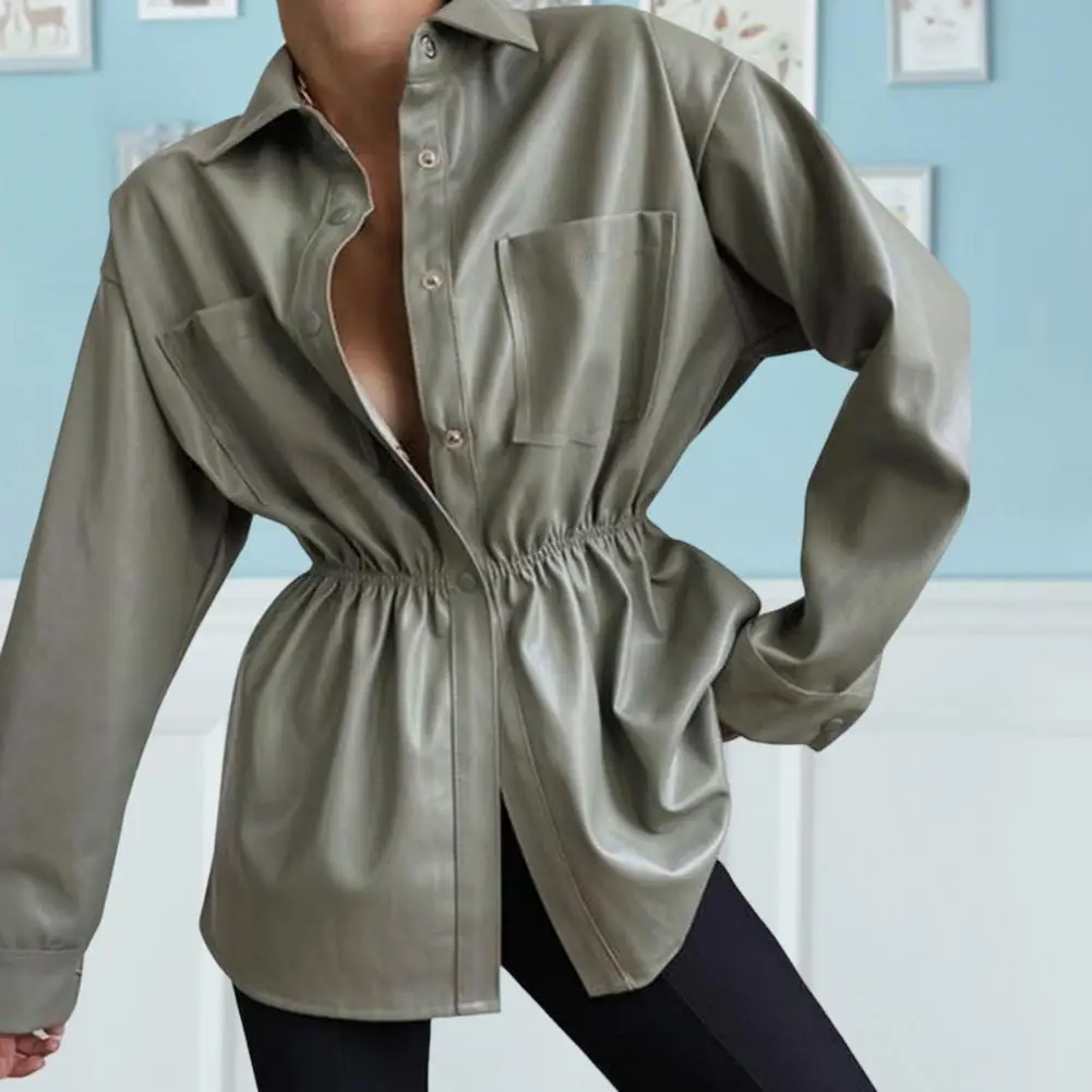 

Women Autumn Coat Solid Color Single-breasted Buttons Turn-down Collar Pocket Smooth Surface Loose Tight Waist Lady Jacket for S