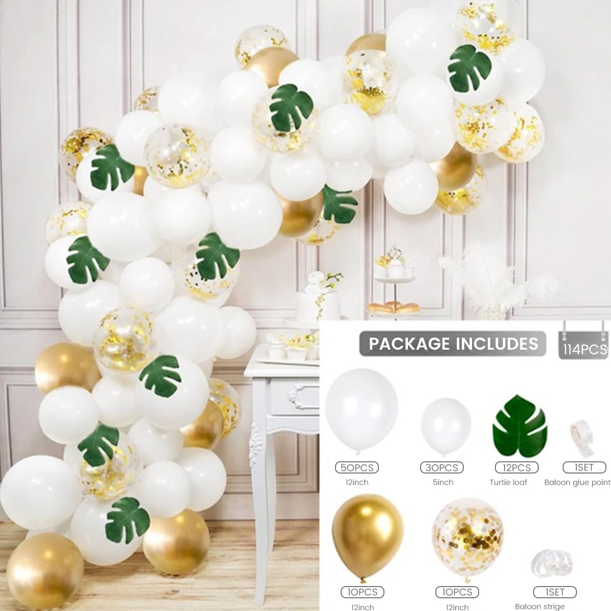 

114Pcs White Gold Hawaii Balloon Arch Kit Reusable White Gold Hawaii Balloon Garland Kit Latex Balloon Garland Arch Decoration