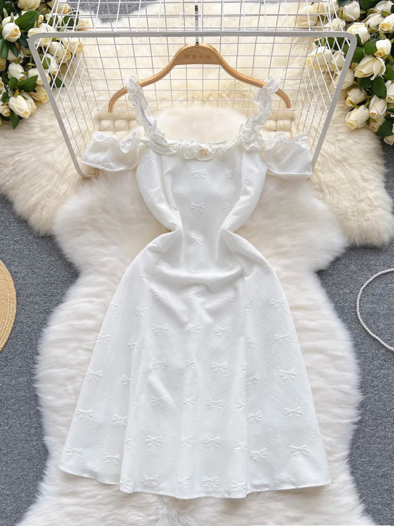 

Foamlina Korean Fashion Women Summer White Dress Spaghetti Strap Cold Shoulder Short Sleeve Slim A-line Mini Party Dress Vestido