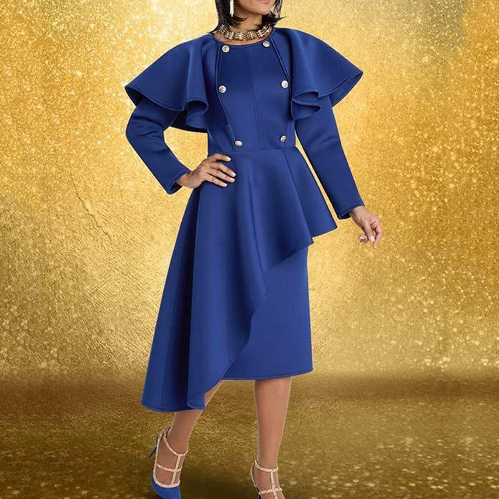 

Blue Elegant Spring Dress Women 2022 New Ruffle Patchwork Long Sleeve Pullover Solid A Line High Waist Female Vestiods Robe