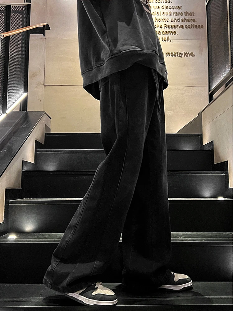 American New Men's Black Jeans In Autumn and Winter High Street Loose Straight Leisure Wide -leg Pants Fashion Street Clothing