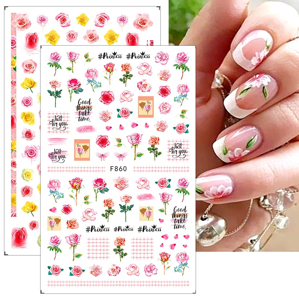 

Rose Flower Spring Nail Stickers 3D Butterfly Nail Decals Summer Self Adhesive Nail Sticker Nail Art Decoration