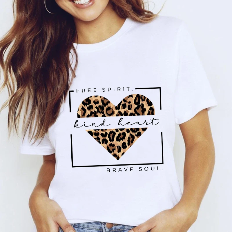 

Women Graphic Leopard Love Heart Printing Summer 90s Short Sleeve Lady Kawaii Vacation Tops Tees Print Wear Tshirt T-Shirt