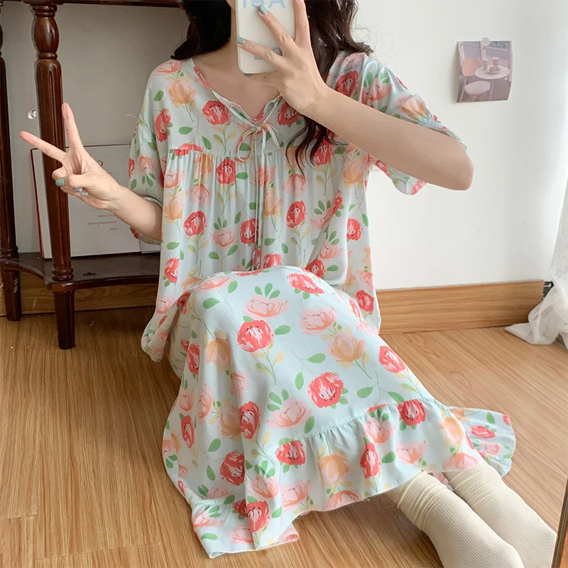 Short Sleeve Women Nightgown Sleepdress Printing Home Clothes Cotton Lounge Pijamas Homewear Vestidos De Noche пижама