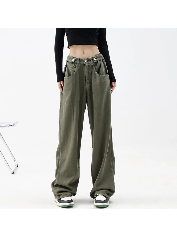 

2022 New Women Solid Color Military Green Jeans Trousers Baggy Pants Denim Basic Simple Wide Leg Straight Female Vintage Fashion