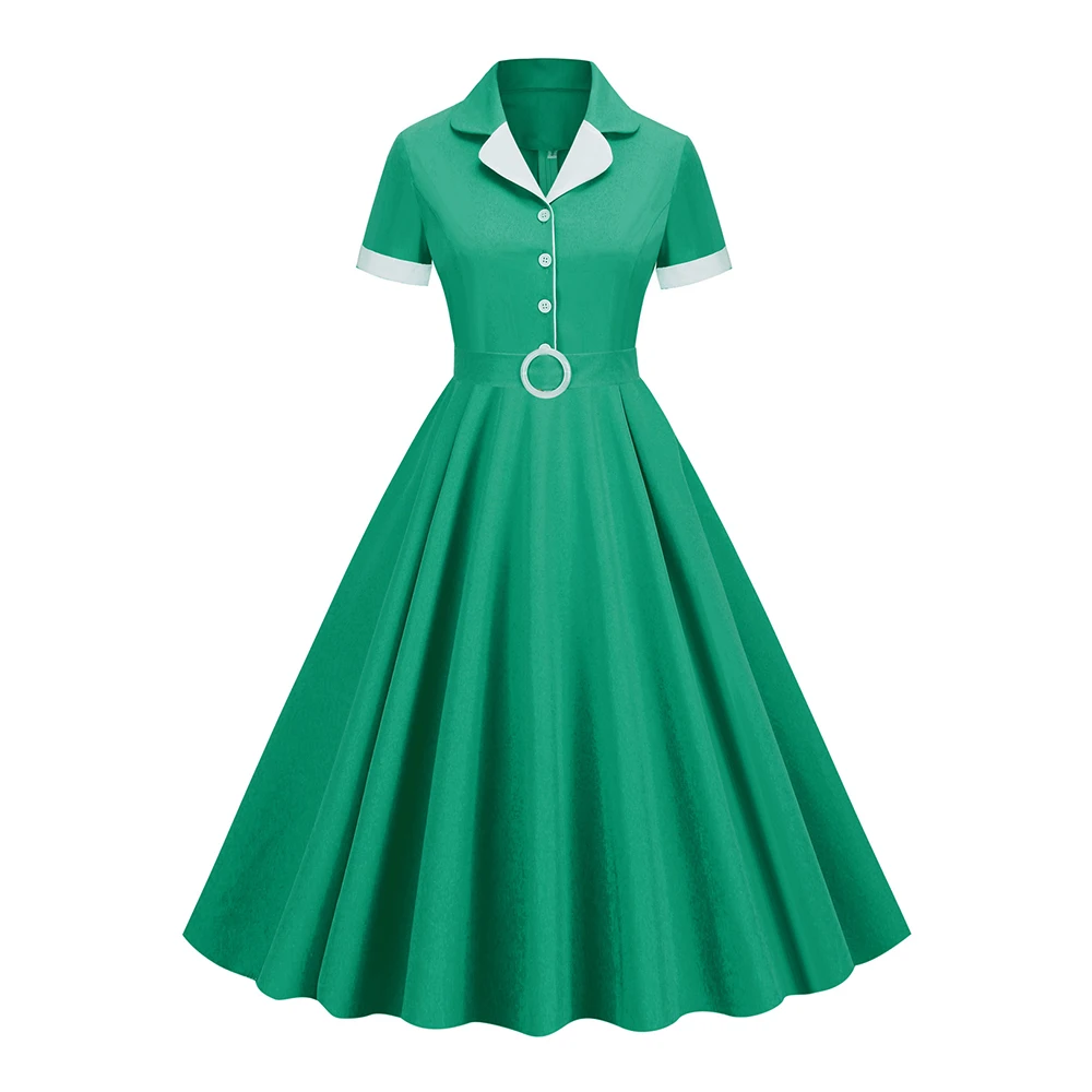 

A Retro Dress In The Hepburn Style Of The 1950s And 1960s. Court Waist Tied Women's Mid Length Commuting Suit Dress VD3996