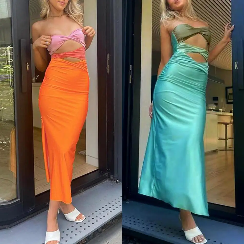 

Hollow Out Sleeveless Backless Summer Beach Dresses Party Club Midi 2022 Patchwork Strapless Bodycon Dress Sexy Women Vestidos