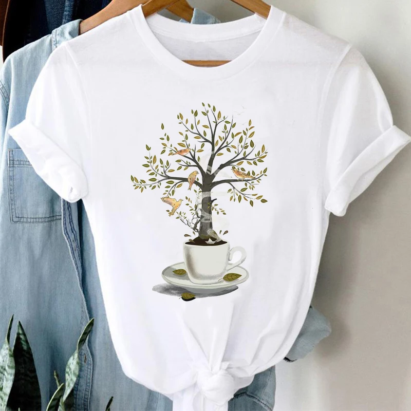 

Women Tees Female Cartoon Lady Fashion Clothes Print Short Sleeve Coffee Tree New Lovely 2022 Tops Graphic Tshirt T-Shirt Women