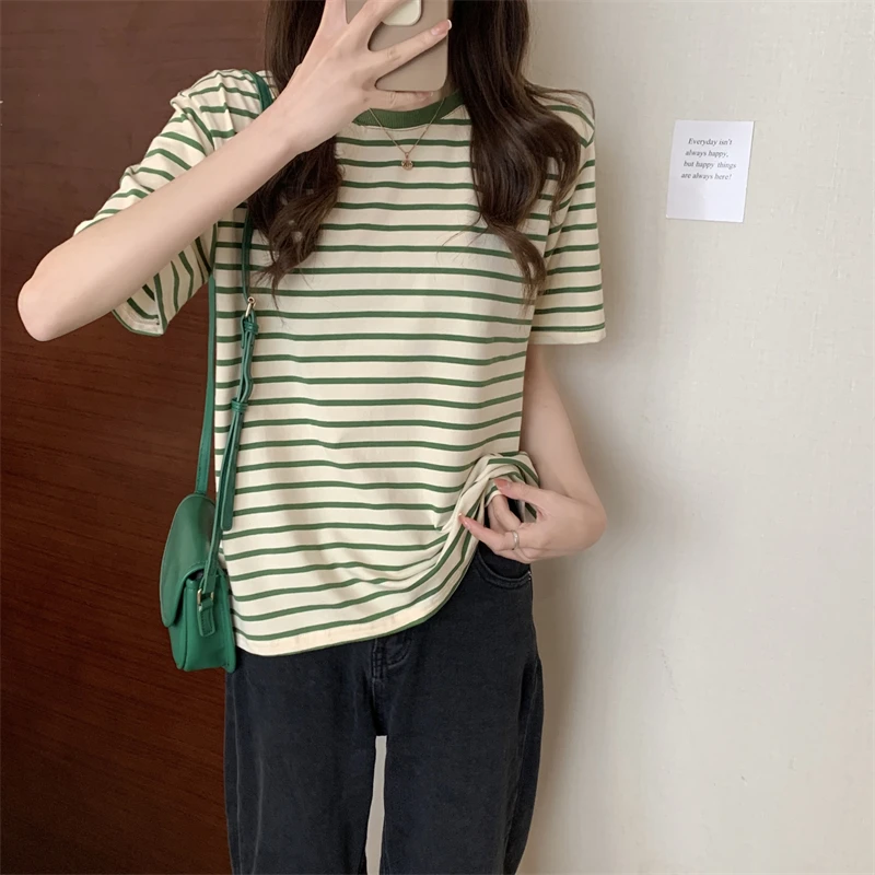 

Spring Summer Casual Short Sleeve Stripe T Shirt For Women Chic Lady Streetwear O Neck Loose Tee Top