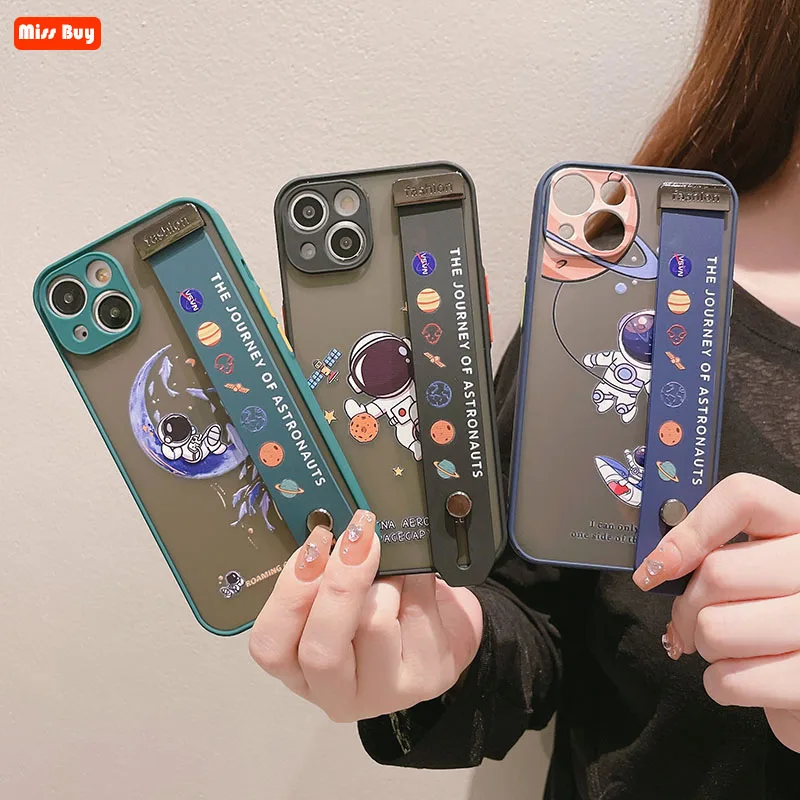 

Cartoon Astronaut Hard PC Silicone Waist Straps Case For Vivo Y95 Y93 V20 SE V15 Y51 2020 Y52S Y72 V21 V21E X70 Pro Plus Cover