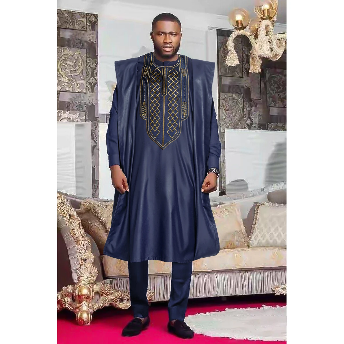 

H&D African Suit For Men Shirt Pants 3 pcs Set Rich Bazin Embroidery Robe Clothes Africain Traditional clothing Evening Wedding