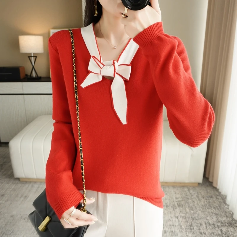 Small Xiang Feng With Skirt Western Style Long Sleeve Knit Base Autumn And Winter New Color To Wear Butterfly Collar Tie Sweater