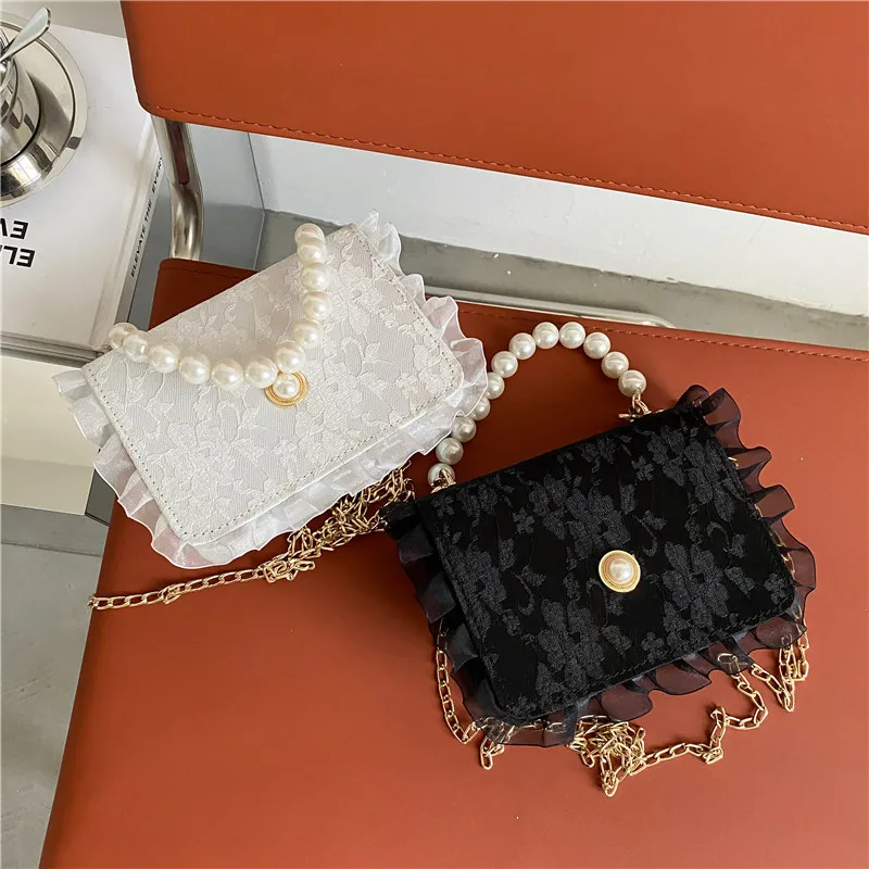 

Vintage Lace Women Elegant Shoulder Bags Retro Pearl Handle Ladies Crossbody Bag Female Chain Flap Square Purses and Handbags