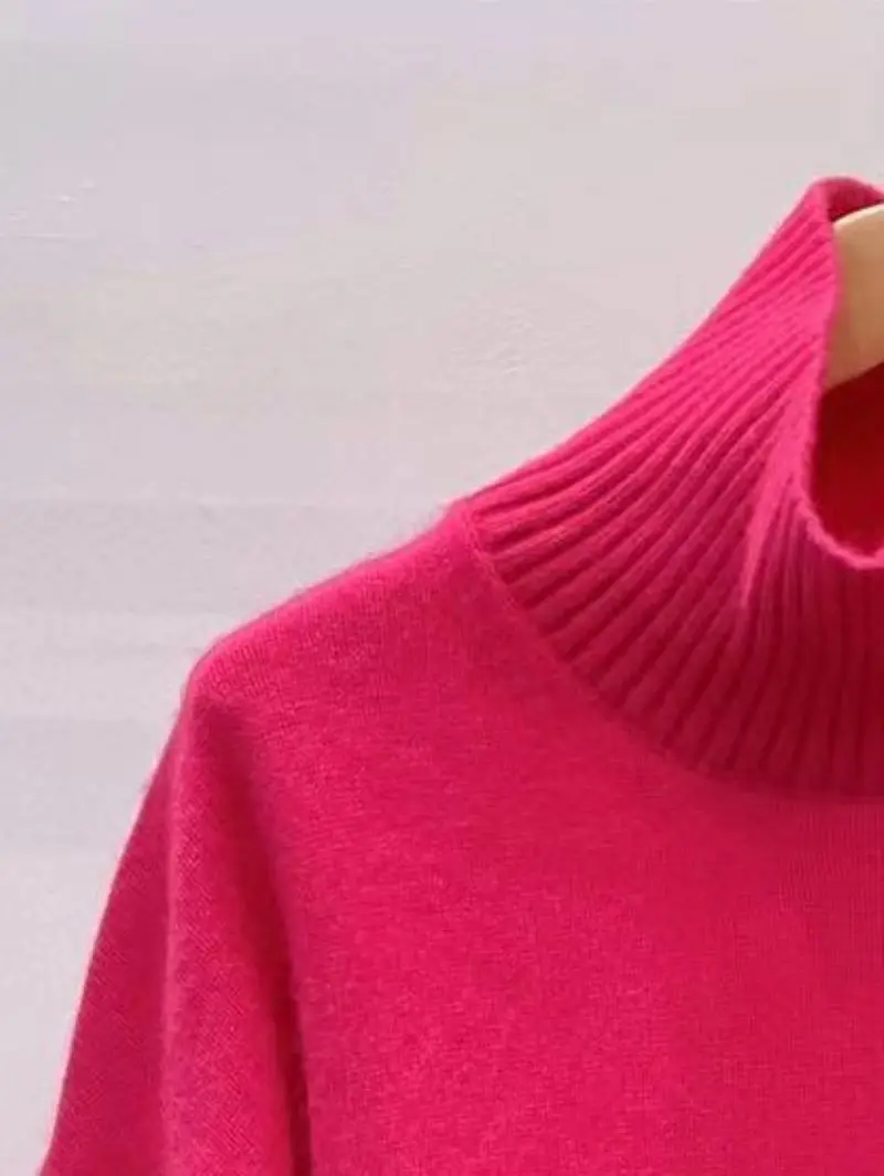 

Женский свитер с высоким воротником, однотонный простой вязаный пуловер с длинным рукавом и спущенными плечами