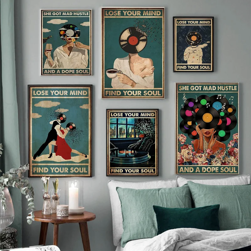 Abstract Vinyl Record Music Dancer Retro Art Character Posters Canvas Painting and Print Wall Art Fashion Picture for Room Decor
