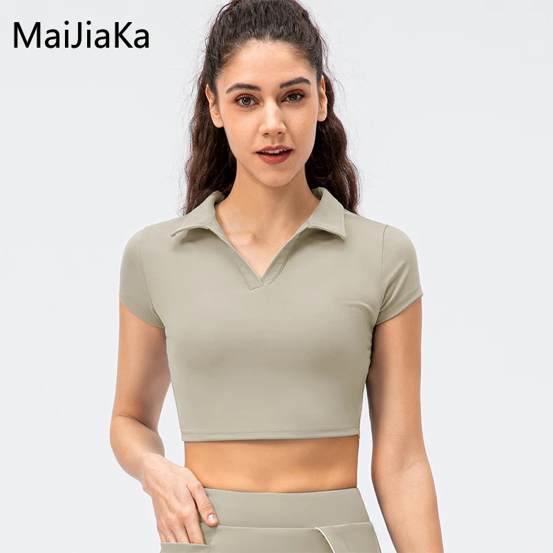 

Women Short Sleeve Crop Top Yoga Shirts Running Fitness T-shirts Workout Tops Retro Lapel Tops Gym Cycling Sportswear