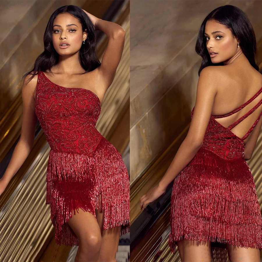 

Sexy Patchwork See Through Tassel Party Mini Dress Women Embroidery One Shoulder Wedding Guest Burgundy Mini Party Gowns 2022