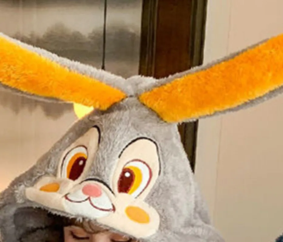 Unisex Winter One-Piece Cartoon Dark Green Rabbit Pajamas With Two Long Ears And Pockets Polyester Warm Lovely Sleepwear Cosplay