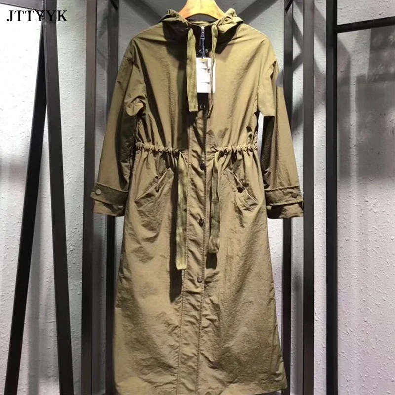 Женский Длинный плащ с капюшоном черный или зеленый тонкий повседневный