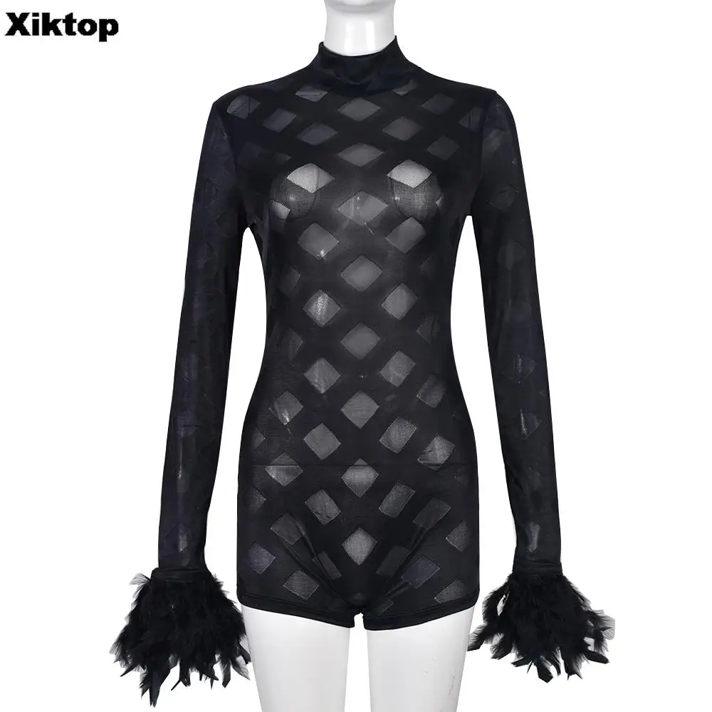 Xiktop Black Jumpsuit Wmen Mesh Transparent Stand Collar Flocked Long Sleeve Outfits Short Pants Romper Skinny Bodycon Jumpsuit