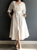 summer autumn pleated v neck white black loose women dresses casual clothes sashes robe femme dress