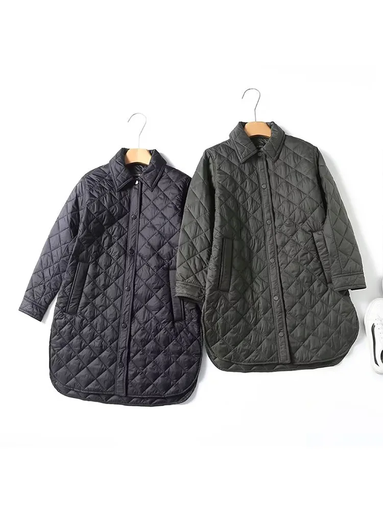 

Women 2023 Winter Fashion Casual Button Quilted Shirt Style Coat Vintage Long Sleeve Female Outerwear Chic Tops