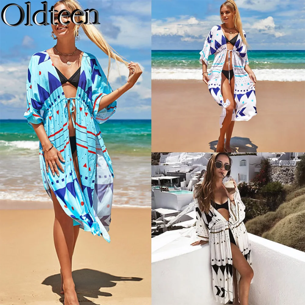

2023 длинное красочное кимоно, накидки для бикини, платье с запахом и принтом в стиле бохо, женская летняя одежда, пляжная одежда, купальный костюм, накидки, стринги