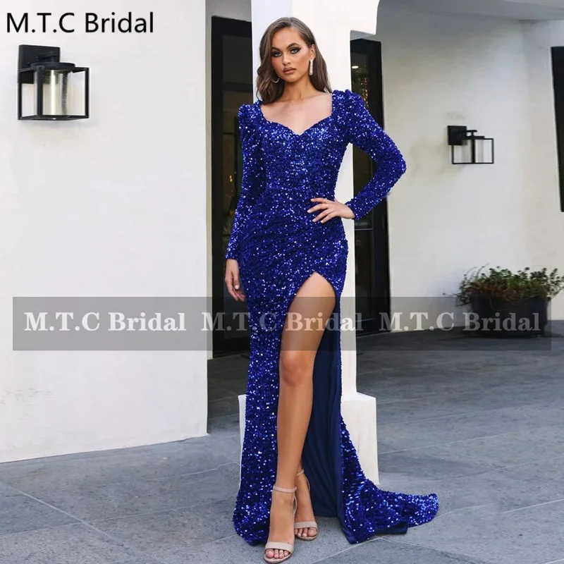 

Женское вечернее платье-русалка, синее блестящее платье с длинным рукавом, разрезом сбоку и блестками, платье для вечеринки, выпускного вечера,