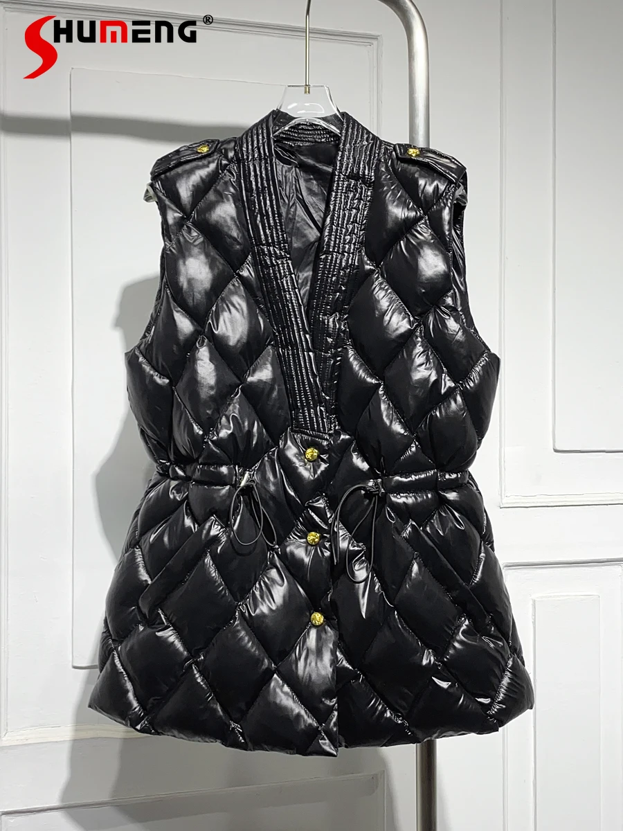

2022 New Mid-Length Waist-Tight V-neck Slimming Rhombus Glossy Down Cotton Vest Women's Winter Loose Thickened Vest for Women