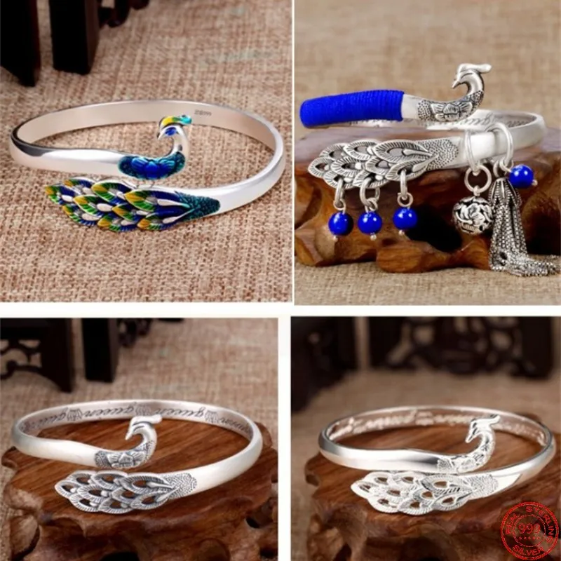 

S999 Sterling Silver Bracelets for Men Women 2023 New Women's Fashion Cloisonne Creative Peacock Bangle Rings Argentum Jewelry