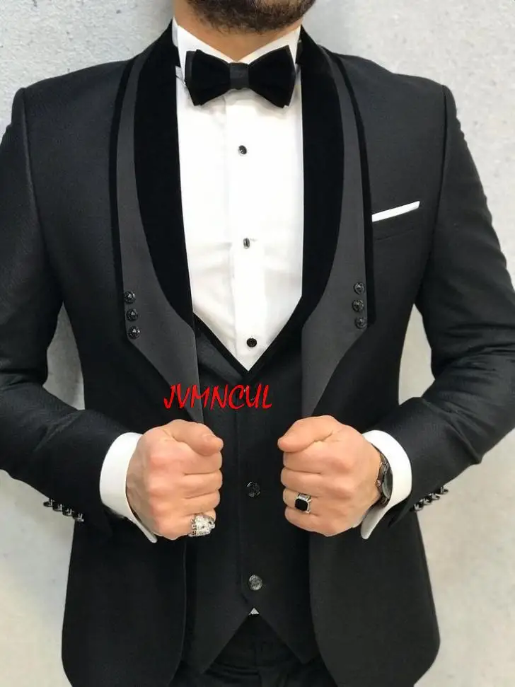 

New Style Black Groomsmen Shawl Lapel Groom Tuxedos One Button Men Suits Wedding Best Man Blazer ( Jacket+Pants+Bowtie+Vest )