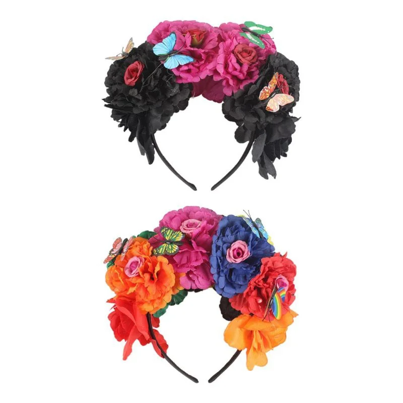 

Halloween Simulation Colorful Peony Flower Headband Fairy Butterfly Mexican Wreath Crown Cosplay Party Costume Day Dead